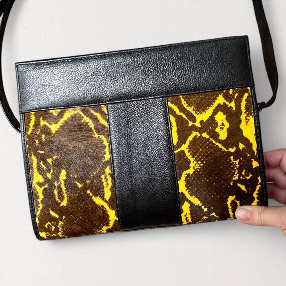 Kyu By Kesi Black Yellow Leather Crossbody Bag Faux Fur Snakeskin Clutch Purse - Picture 4 of 11